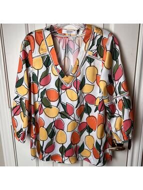 Crosby by Mollie Burch Becky Top Citron Lemon Orange Vibrant Print Size S